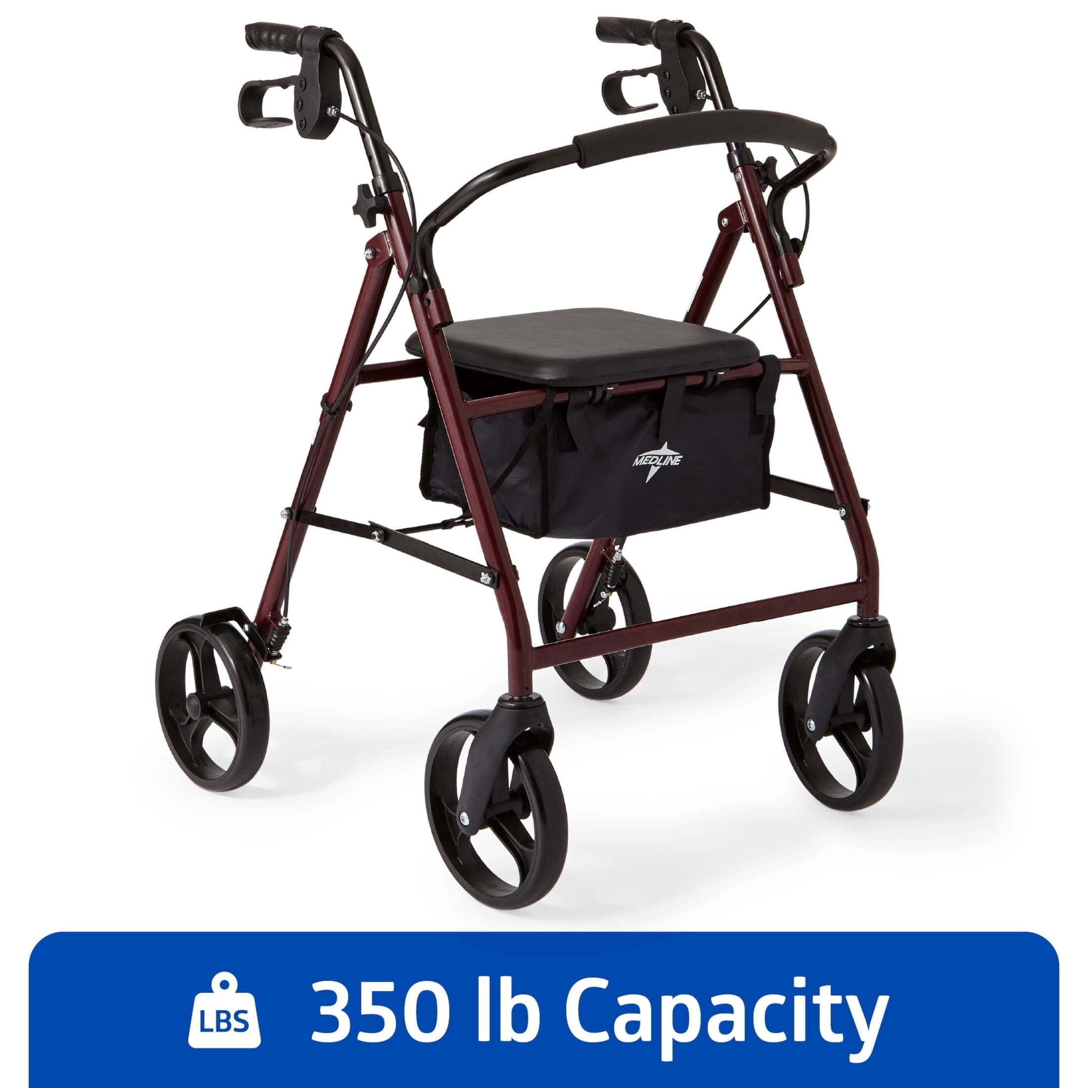 Medline Steel Rollator Walker for Adult, Burgundy, 350 lb Weight Capacity, 8 in Wheels, Foldable, Adjustable Handles
