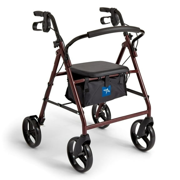 Medline Rolling Walker, Folding Rollator with Seat and 8-In Wheels, Burgundy, 350 lb Weight Capacity, Steel