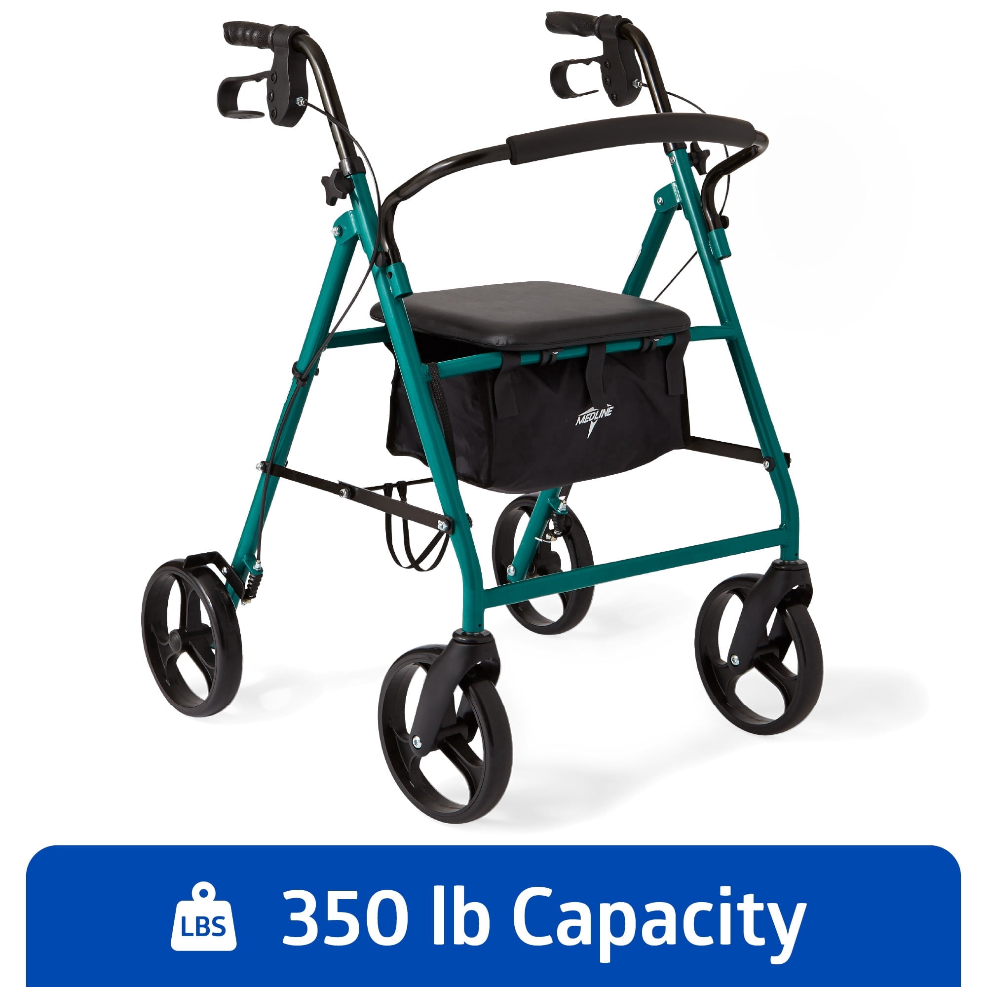 Medline Steel Rollator Walker for Adult, Green, 350 lb. Capacity