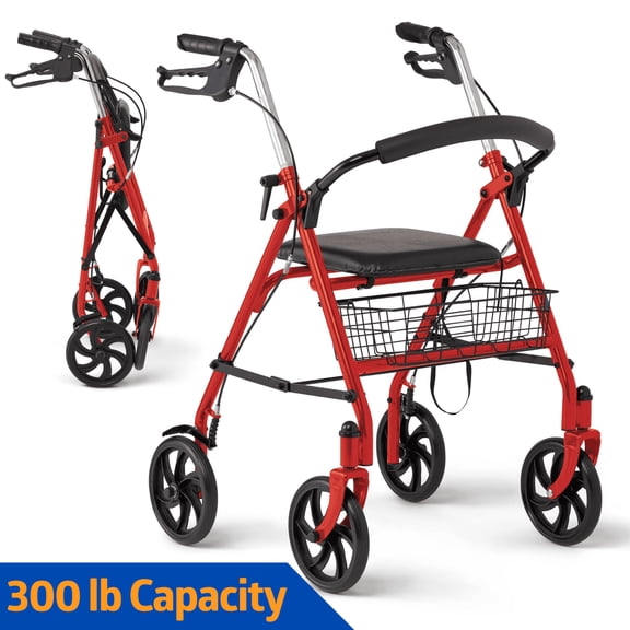 Medline Steel Rollator Walker with Seat, Red, 300 lb Weight Capacity, 8 in Wheels, Foldable, Adjustable Handles