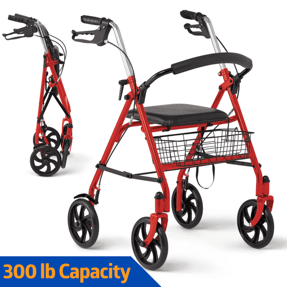 Medline Rolling Walker, Folding Rollator with Seat and 8-In Wheels, Red, 300-lb Capacity, Steel