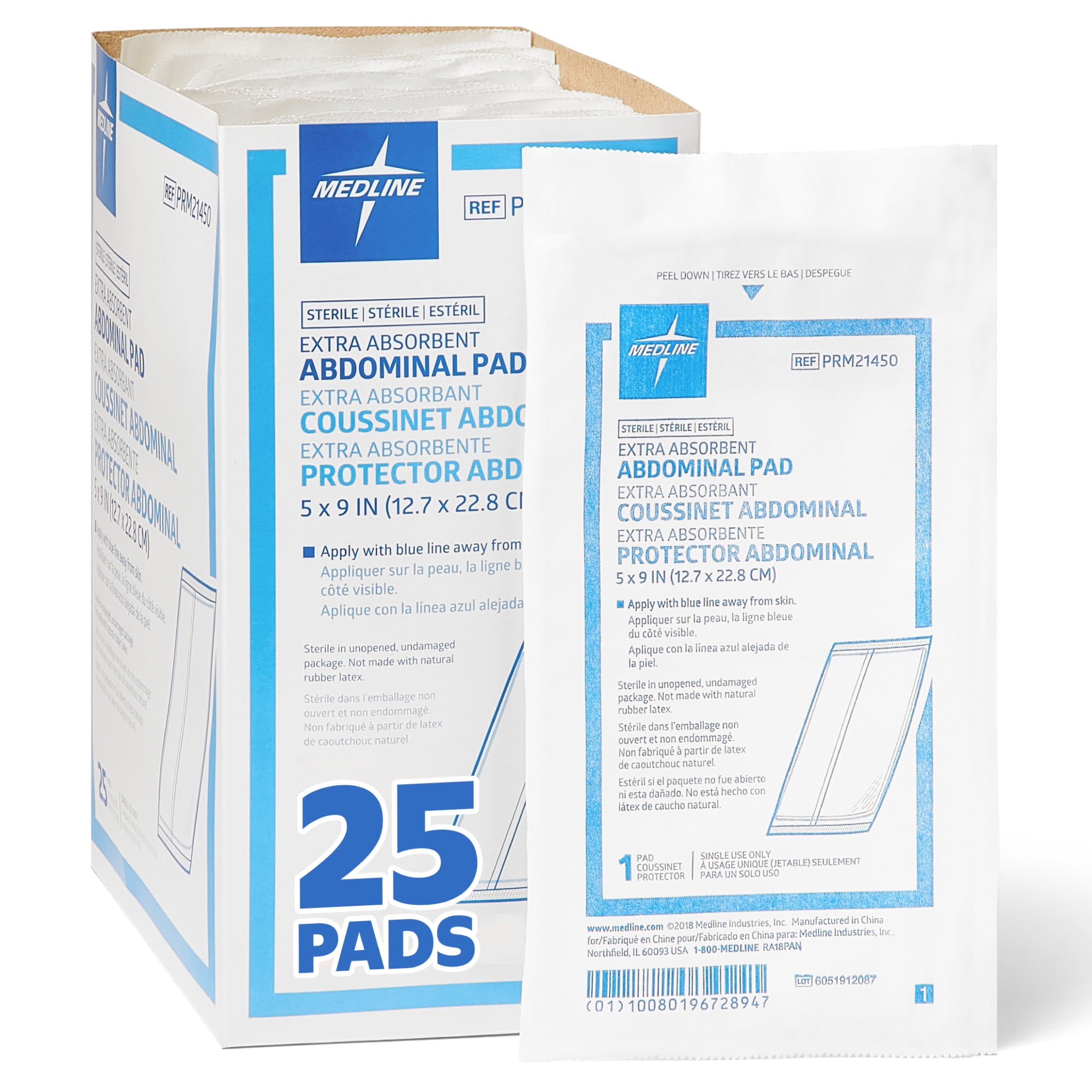 Medline Sterile Abdominal Pads, 25 Count, 5in x 9in, Extra Absorbent ...