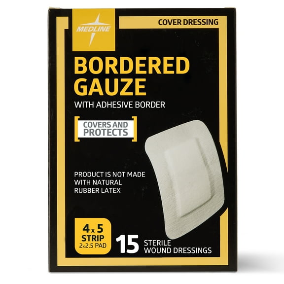 Medline Bordered Gauze, Adhesive Island Wound Dressing, Sterile, 4"x5", 15 count