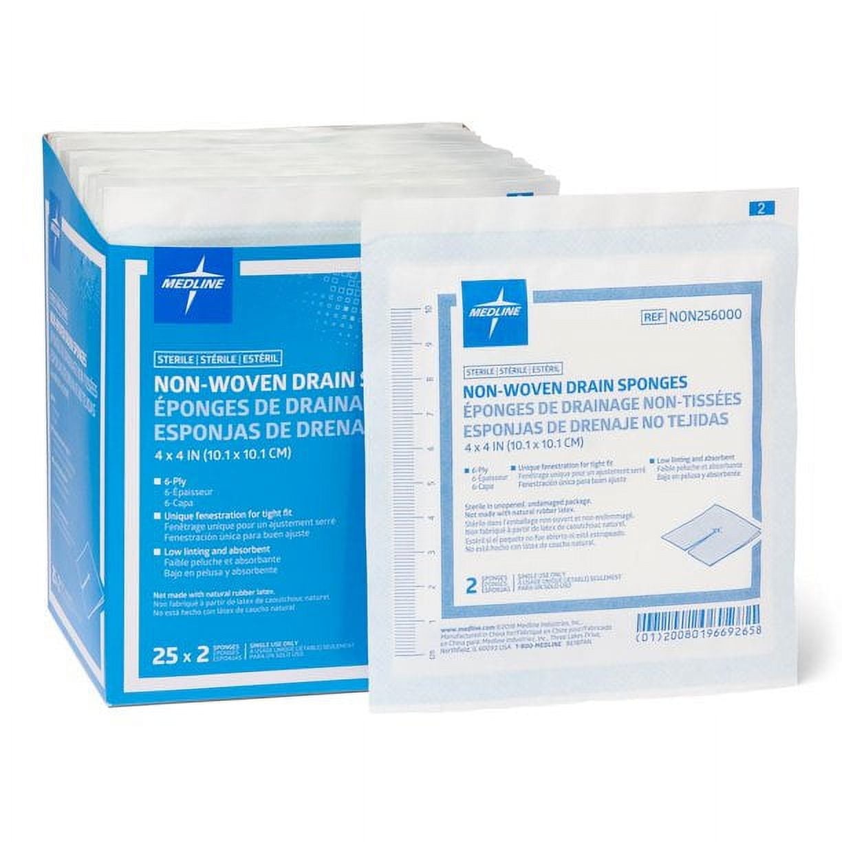 Medline Sterile Nonwoven Gauze Drain Sponges 4"x4", Box of 25