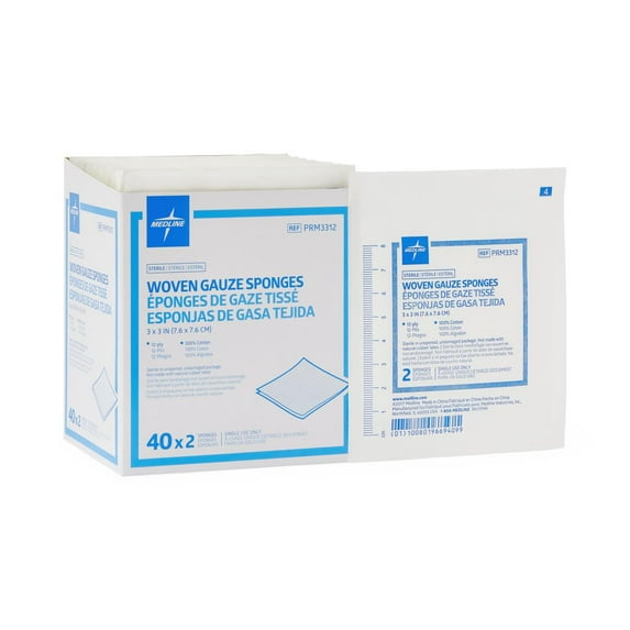 Medline Sterile Woven Gauze Sponges, 3" x 3", 12-Ply, Ideal for Wound Dressing, Pack of 2400