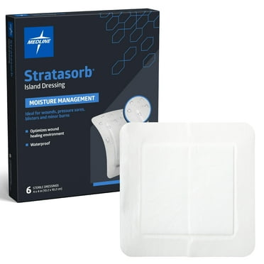 Medline Stratasorb Sterile, 4” x 4” Composite Island Dressing with Non-Adherent Gauze Pad, Waterproof Back, Protects Wounds, Can Be Worn Up To 7 Days, 6 Per Box, Not Made with Natural Rubber Latex