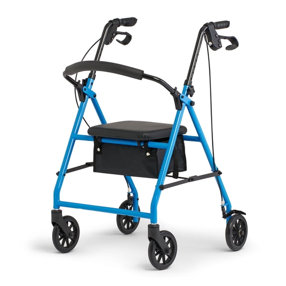 Medline Rolling Walker, Folding Rollator with Seat and 6-In Wheels, Light Blue, 300-lb Capacity, Steel
