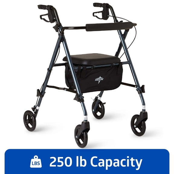 Medline Superlight Folding Aluminum Mobility Rollator Walker, Smoky Blue, 250 lb. Weight Capacity, 6" Wheels, Adjustable Arms and Seat