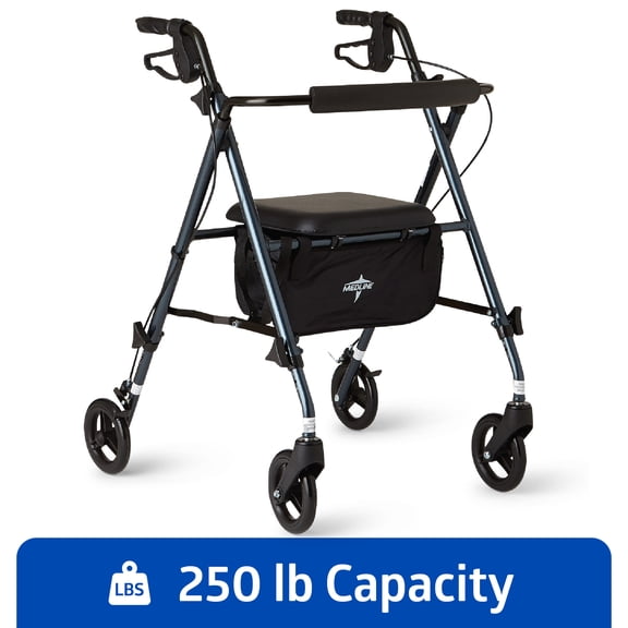 Medline Rolling Walker, Rollator with Seat and 6-In Wheels, Lightweight, Smoky Blue, 250-lb Capacity, Aluminum