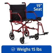 Medline Transport Wheelchair with Permanent Desk Arms, Ultra Lightweight, Swing-Away Footrests, Foldable, 300 lb Weight Capacity, Red