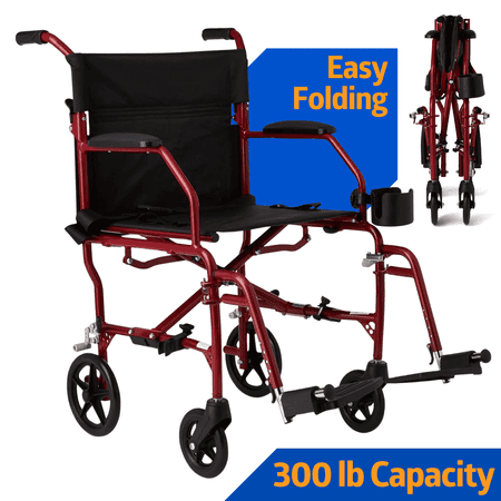 Medline Transport Wheelchair with Permanent Desk Arms, Lightweight, Swing-Away Footrests, Foldable, 300 lb Weight Capacity, Red