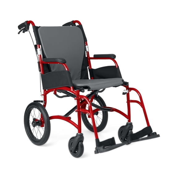 Medline Ultralight Transport Chair, Lightweight Folding Wheelchair with 12 in Rear Wheels, Padded Armrests, Swing Away Footrests, Safety Seat Belt, 300 lb Capacity, Red