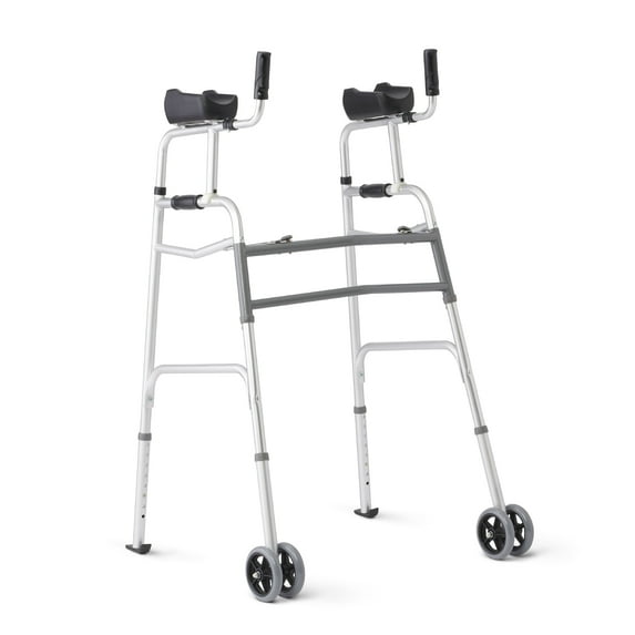 Medline Upright Folding Walker for Seniors, 5-In Wheels, 300 lb Weight Capacity, Aluminum, Silver