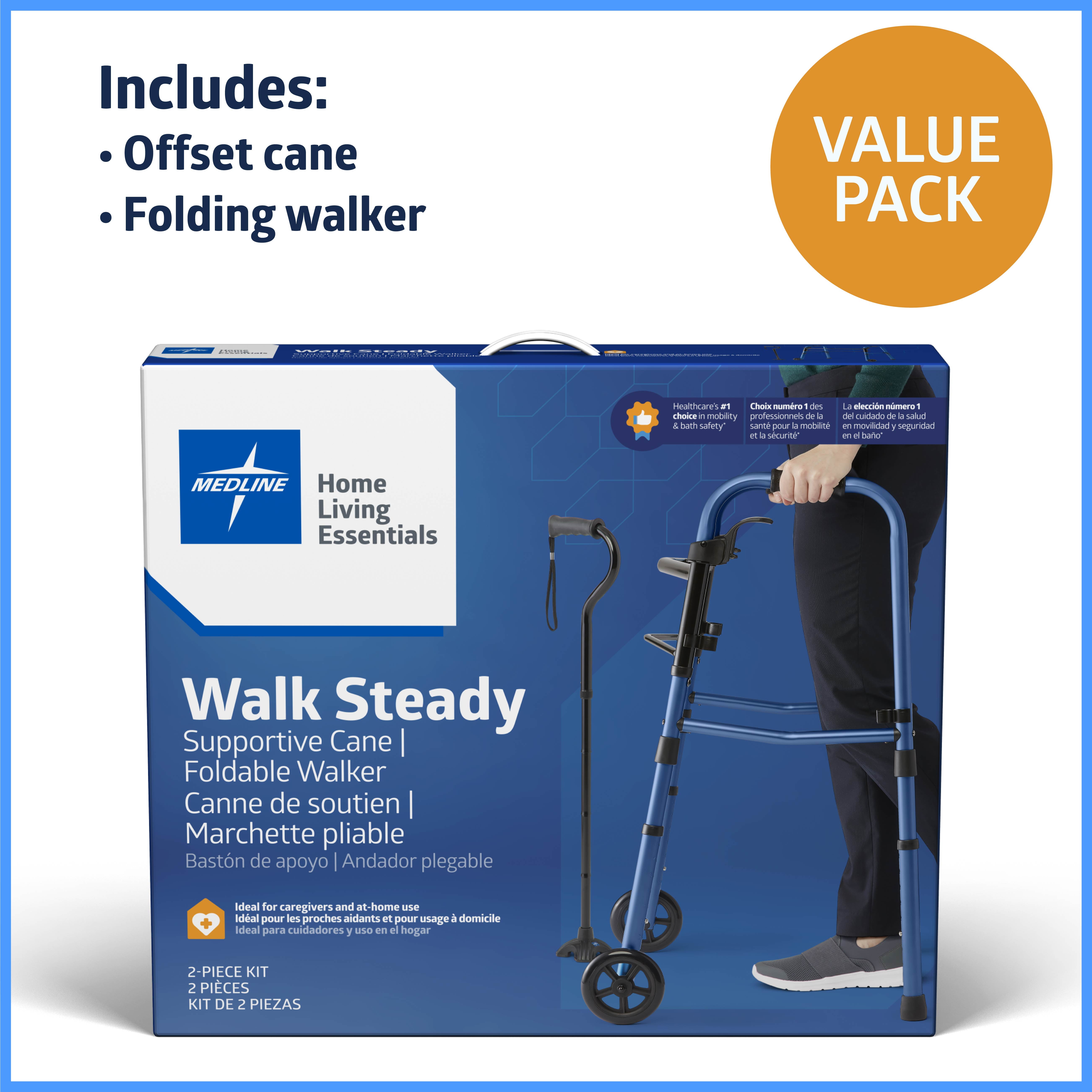 Medline Walker and Cane Combo for Caregivers, Seniors and Adults, For