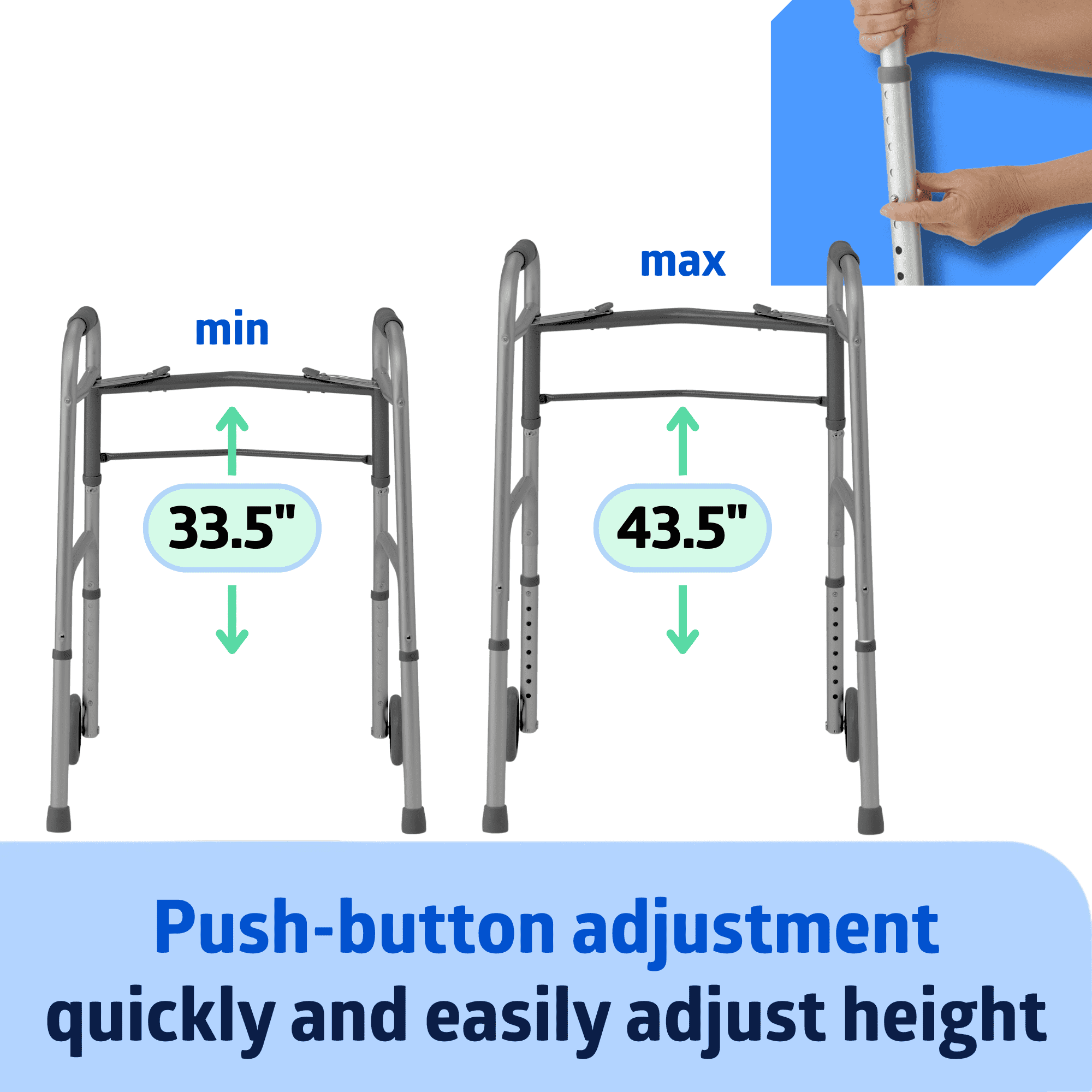 Medline Folding Walker for Juniors, 5-In Wheels, 300 lb Weight Capacity, Aluminum, Silver