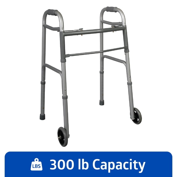 Medline Folding Walker for Juniors, 5-In Wheels, 300 lb Weight Capacity, Aluminum, Silver