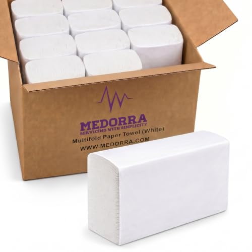 Medorra Multifold Paper Towels, White or Natural Brown, Bulk 12 Packs, 250 Sheets per Pack, 3000 Sheets per Case, Disposable Hand Towels for Restrooms, Offices, Kitchens, and Commercial Use (White)
