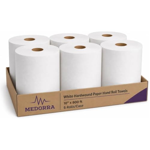 Medorra White Hardwound Paper Hand Roll Towel, 10" x 800 ft, 6 Rolls, for Commercial Dispensers