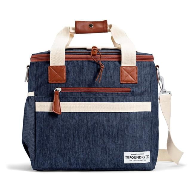 Navy Denim Insulated Picnic Cooler Bag with Leather Accents