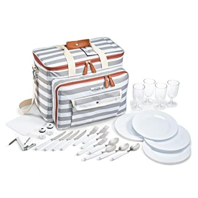 Gray & White Striped Insulated Picnic Cooler Bag with Accessories
