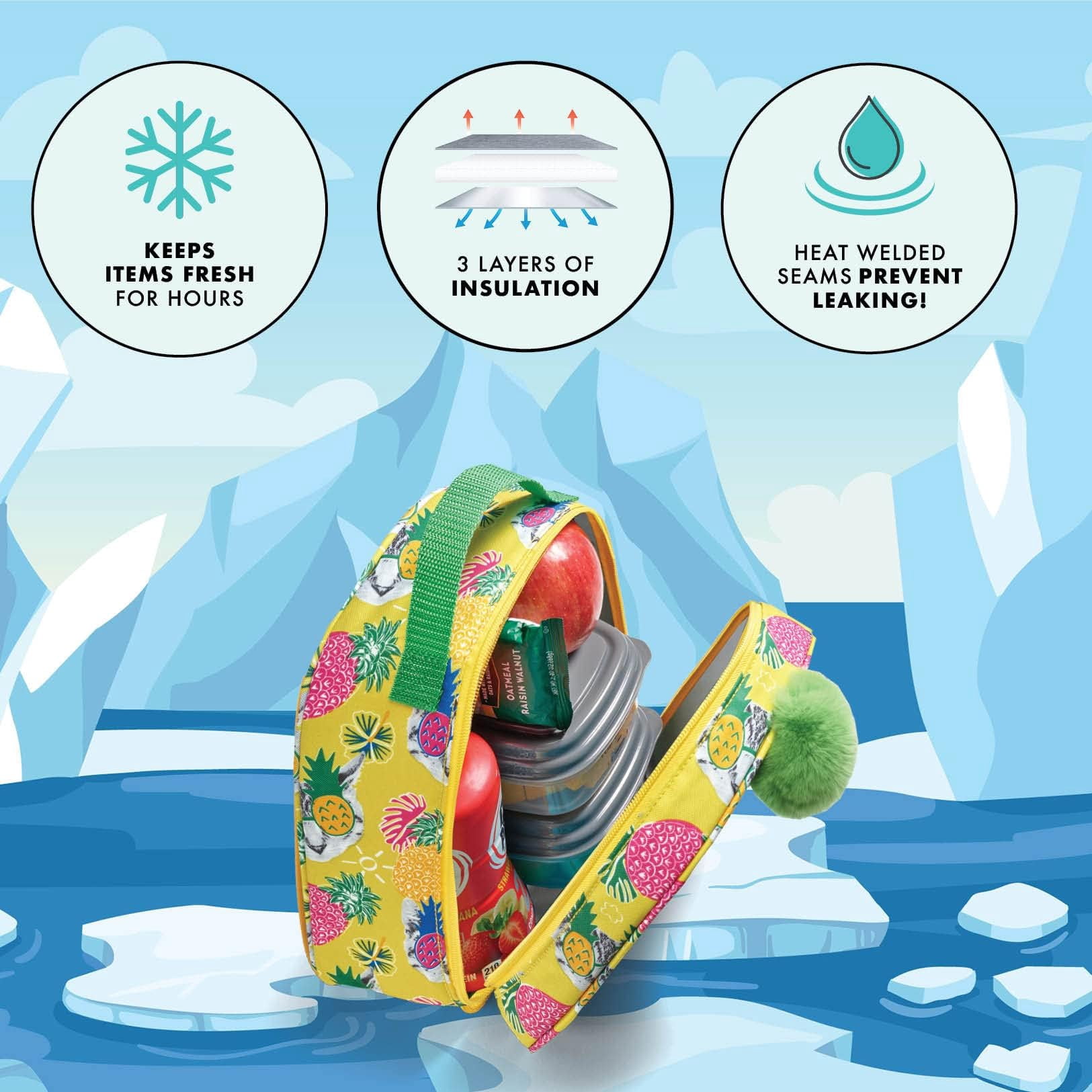 Fit & Fresh Insulated Lunch Box for Kids with Lunch Container and Ice Pack, Pineapple Design, Large Capacity, Leakproof, Yellow