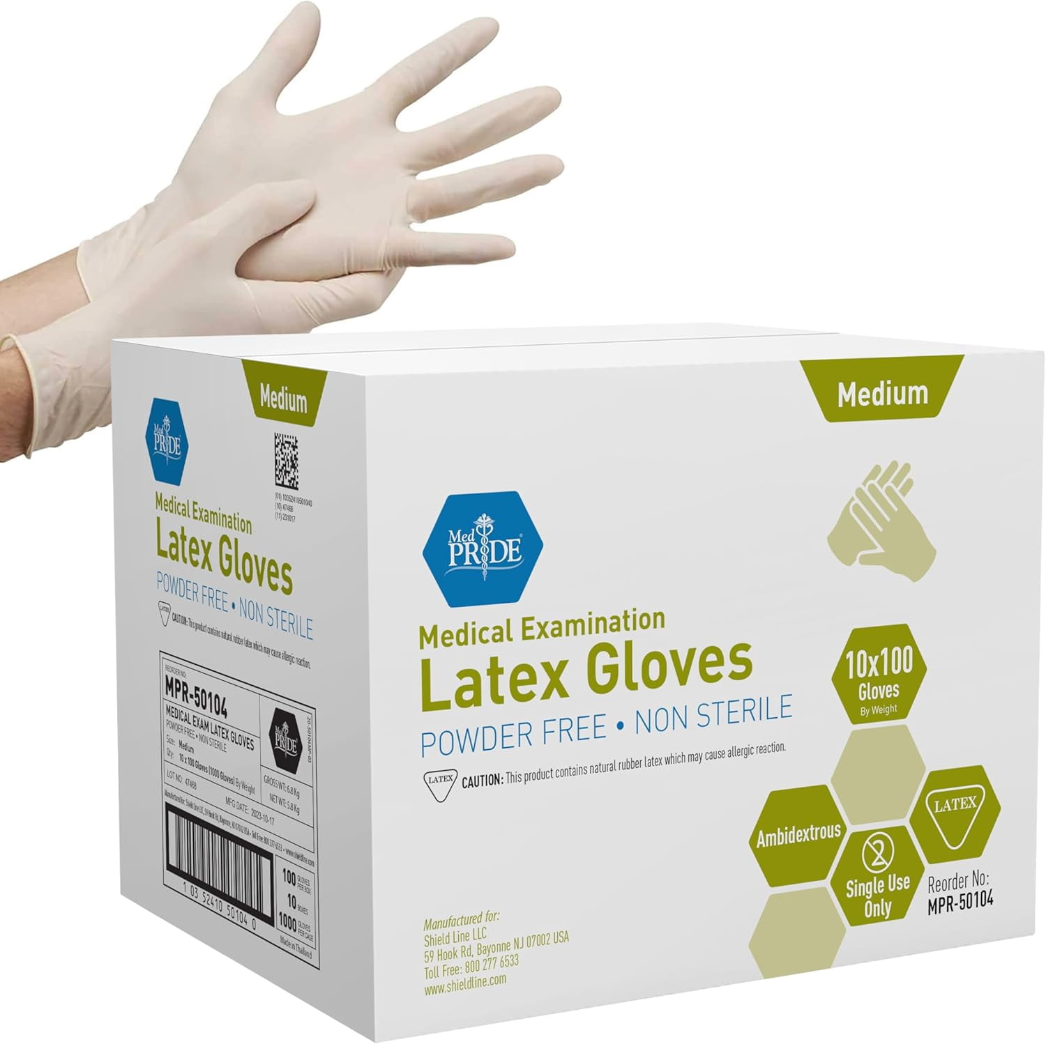 Med Pride Disposable Latex Gloves, 5 Mil Thick 1000 Count White Exam Gloves, Medical Grade, Powder-Free, Medium