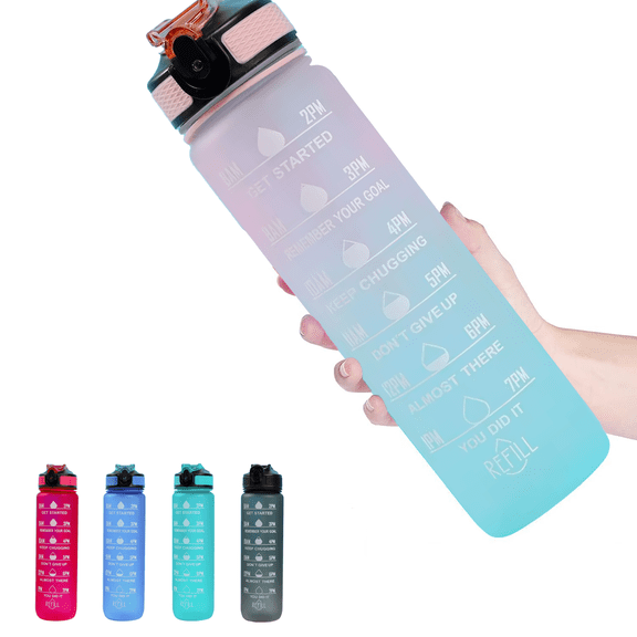Medstation Motivational Water Bottle 32 oz with Time Marker Leakproof Tritan Reusable Bottle for Fitness Gym and Daily Hydration, Pink and Blue