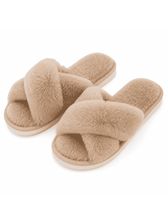 Women's Fuzzy Open-Toe Cross-Band Memory Foam House Slippers, Camel, U.S. 9-10 / EU 40-41