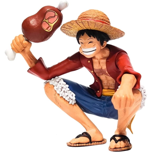 Medsuo Luffy, Luffy Statue 14cm/5.5inch Luffy Smile Squat Eat Meat Pose Cartoon Anime Collection Decoration
