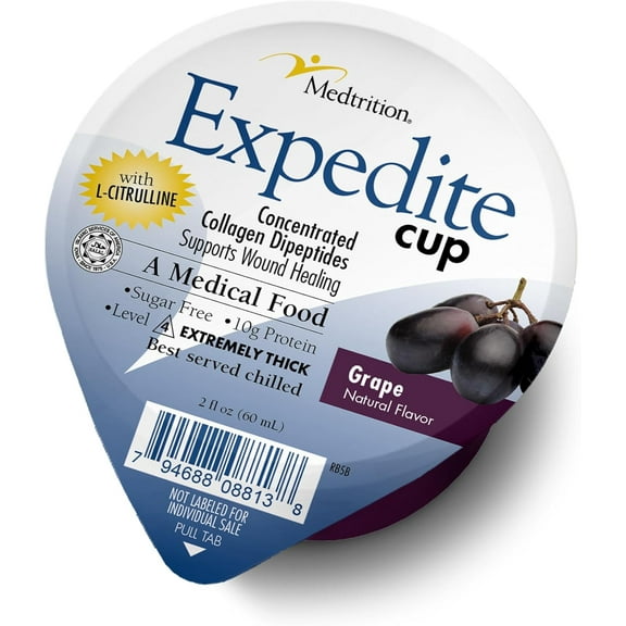 Medtrition Expedite Gelatin Cup, Fast Track Wound Healing, 30X More Collagen Dipeptides Than Powder, Supports Foot Ulcers, Cosmetic Surgery, and More - Grape - 2 Fl Oz (Pack of 36)