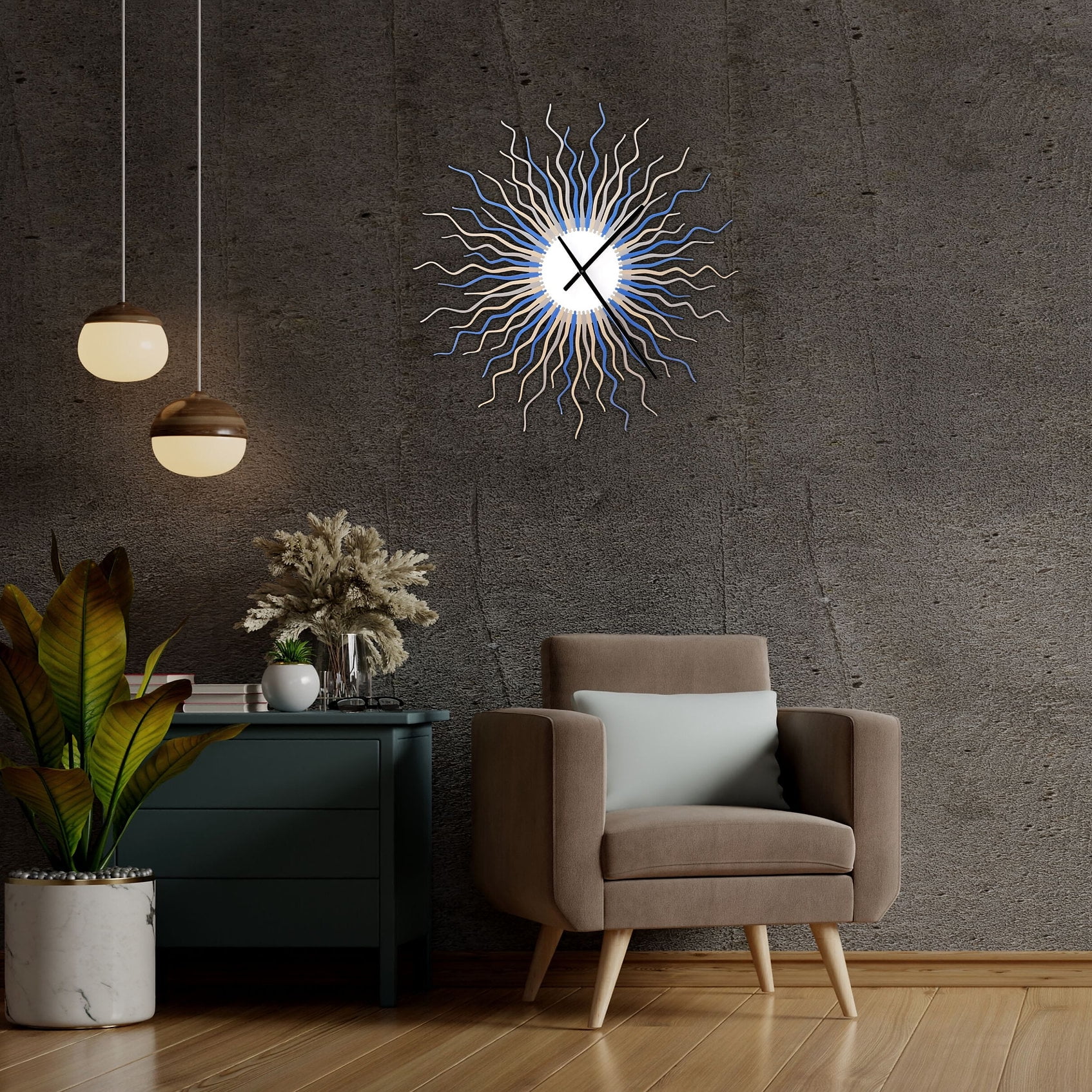 Medusa Arctic 23.5 in Modern Blue / Silver Wall Clocks with Non Ticking Movement, Oversized