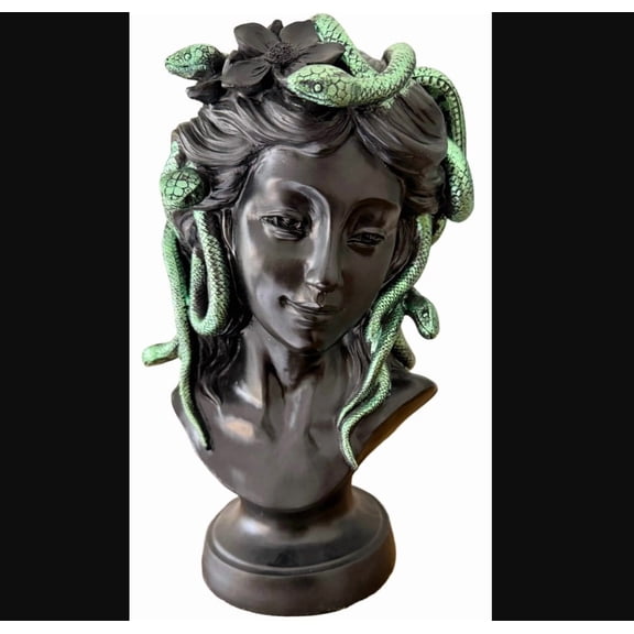 Medusa Bust Statue | Black & Emerald Green Greek Mythology Sculpture | Gothic Halloween Decor