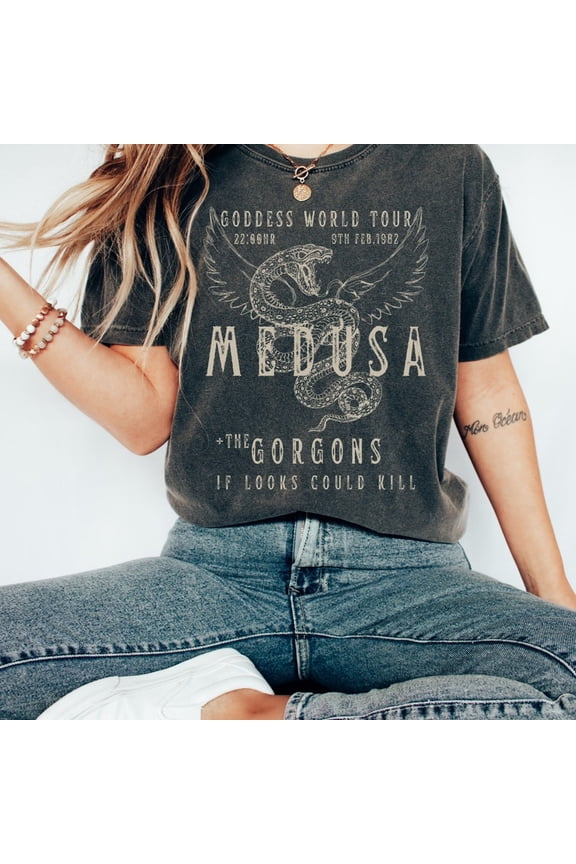 Medusa Distressed Band Tee Snake Greek Mythology Greek Goddess Light Academia Shirt Comfort Colors Unisex Cotton T-Shirt, Size S-3XL
