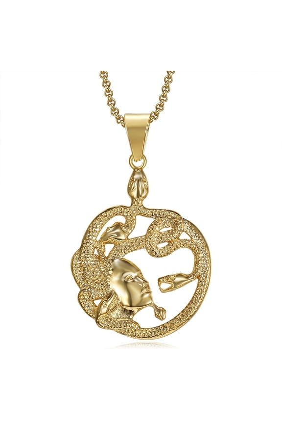 18K Gold Plated Medusa Gorgon Snake Head Pendant 20'' Chain Medallion Ancient Greek Stainless Steel Necklace for Women