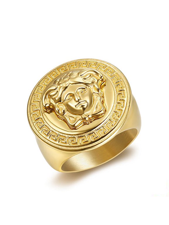 Medusa Head Greek Key Round Signet Ring For Men Women 14K Gold Filled Classical Luxury Jewelry