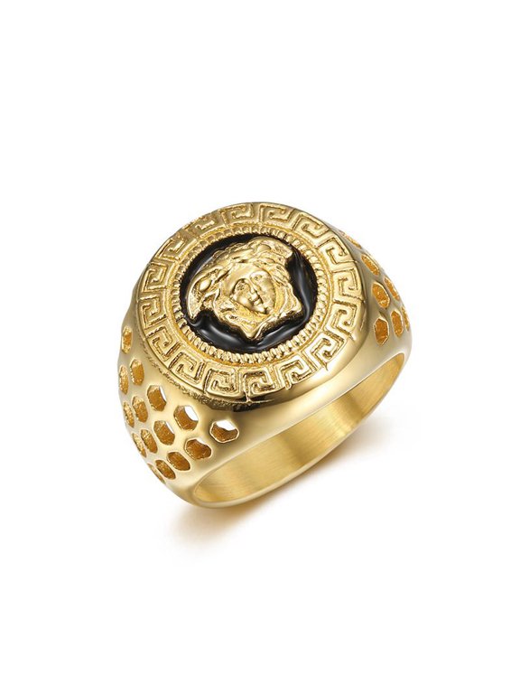 Medusa Head Round Signet Ring For Men Women 14K Gold Filled Greek Key Hollow Band Luxury Jewelry