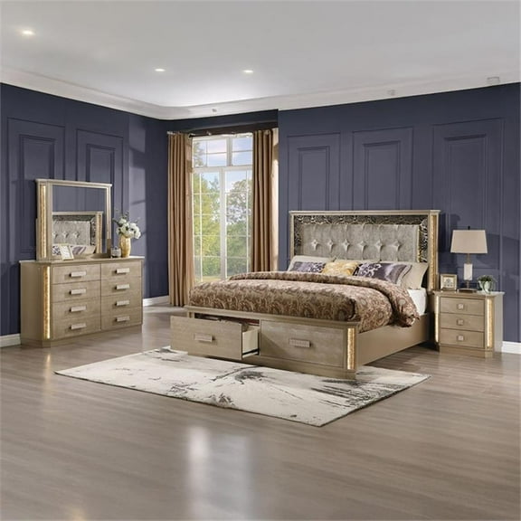 Medusa Modern Style 4Pc Queen Bedroom Set made with Wood in Gold Finish