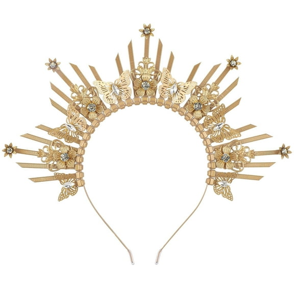 Medusa Snake Halo Crown - Gold Spiked Sunburst Sun Halo Headband Egyptian Greek Mary Goddess Headpiece with Flower Rhinestones for Women Renaissance Halloween Cosplay Renfaire Laurel Costume