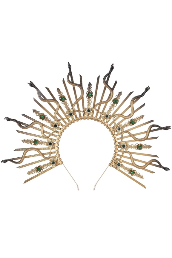 Medusa Snake Halo Crown - Gold Spiked Sunburst Sun Halo Headband Egyptian Greek Mary Goddess Headpiece with Flower Rhinestones for Women Renaissance Halloween Cosplay Renfaire Laurel Costume