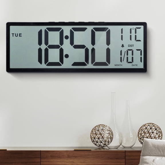 Mee 2ou 15" Large Digital Wall Clock Battery Operated, Big Display with Date, Day, Temperature, Alarm, Calendar, Auto DST for Living Room, Bedroom