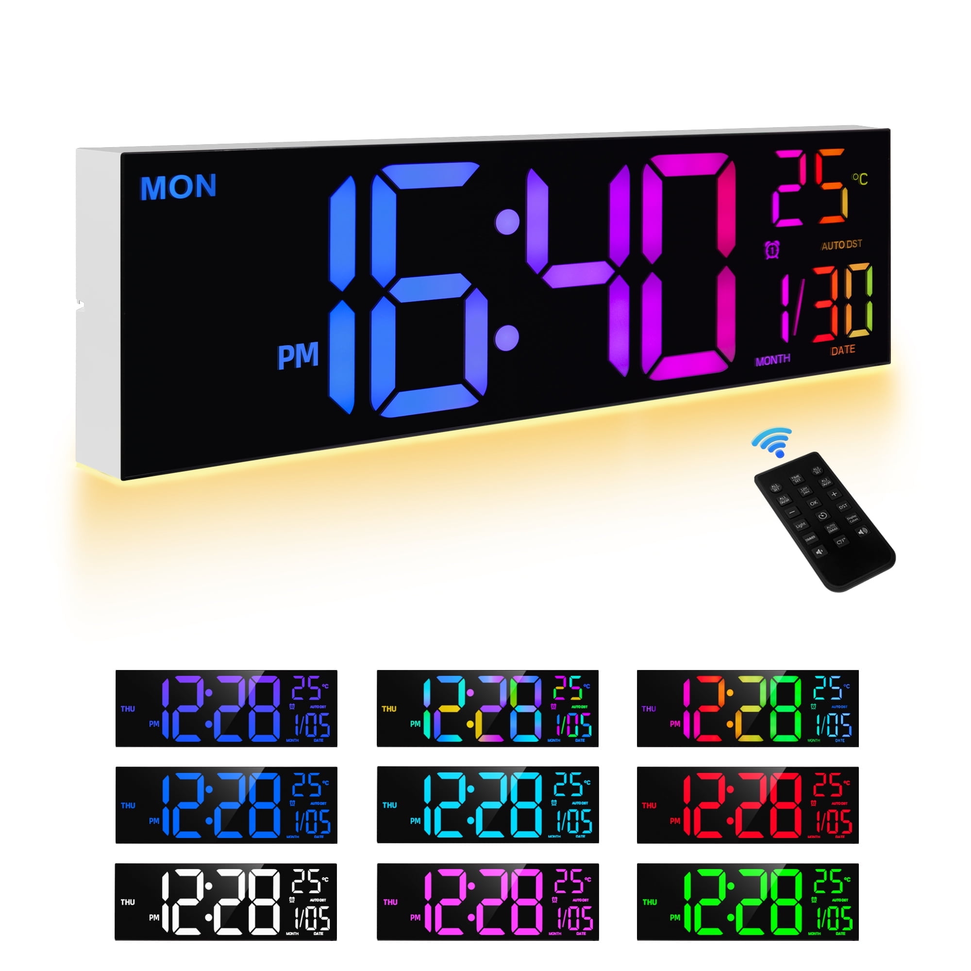 Mee 2ou 16" Large Digital Clock With Temperature, Date, Auto DST, Night Light, Auto Brightness Dimmer, 24/12-hour Wall Clock for Living Room Garage Office Classroom Gym Shop Decor