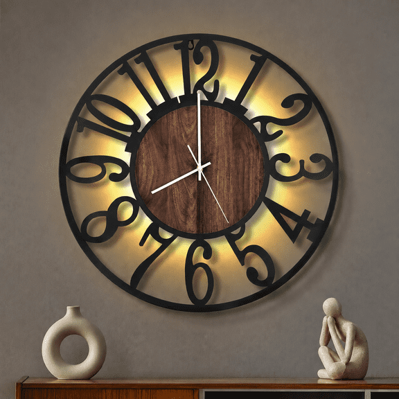 Mee 2ou 20'' Large Wall Clock Lighted Rustic Wood Clock,Battery Operated,Silent Non‑Ticking,Modern Oversized for Bedroom,Living Room,Farmhouse Dector,Large Number Display