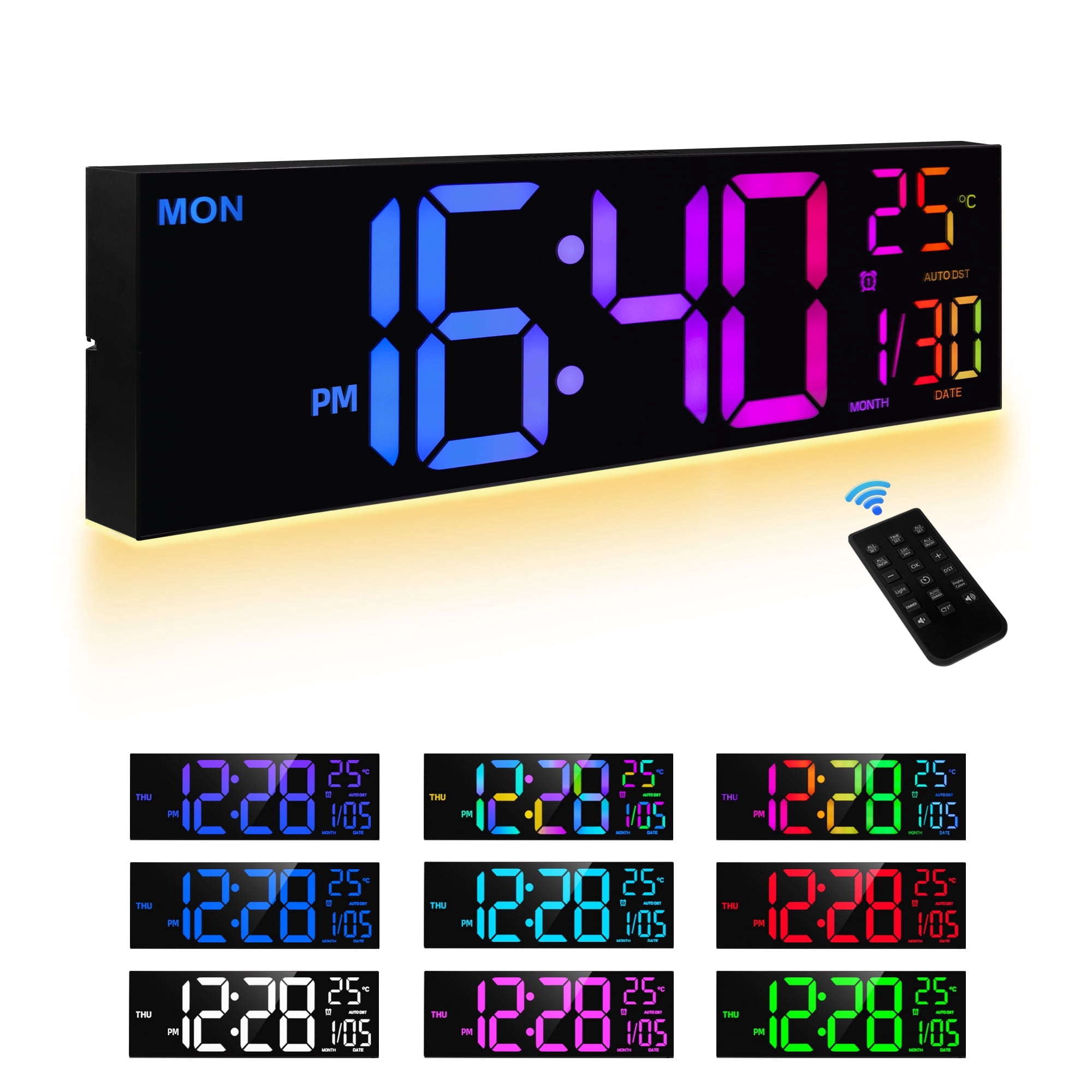 Mee 2ou 16" Large Digital Clock With Temperature, Date, Auto DST, Night Light, Auto Brightness Dimmer, 24/12-hour Wall Clock for Living Room Garage Office Classroom Gym Shop Decor