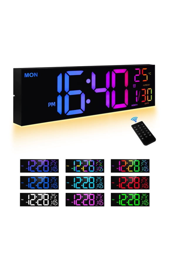 16" Large Digital Clock With Temperature, Date, Auto DST, Night Light, Auto Brightness Dimmer, 24/12-hour Wall Clock for Living Room Garage Office Classroom Gym Shop Decor