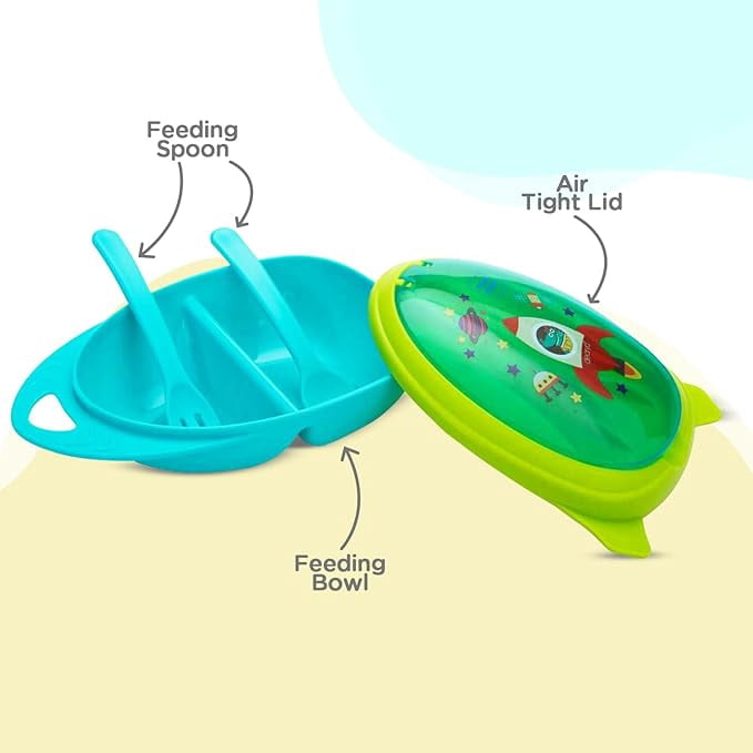 Mee Mee BPA Free Air-Tight Feeding Bowl with Fork & Spoon for 6 Month+ Babies, Easy to Carry (Blue)
