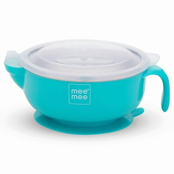 Mee Mee Baby Steel Feeding Bowl with Sunction Base | BPA Free | Food Remains Warm | Multi-Functional Snack/Fruit | Easy Grip Handle (Blue)