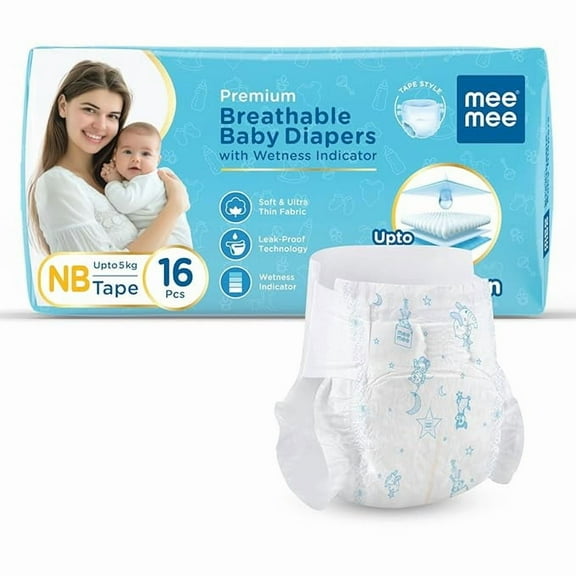Mee Mee Premium Breathable Baby Diapers | (NB) Size Baby Taped Diapers | 16 PIECES | Skin Friendly, Super Absorbent