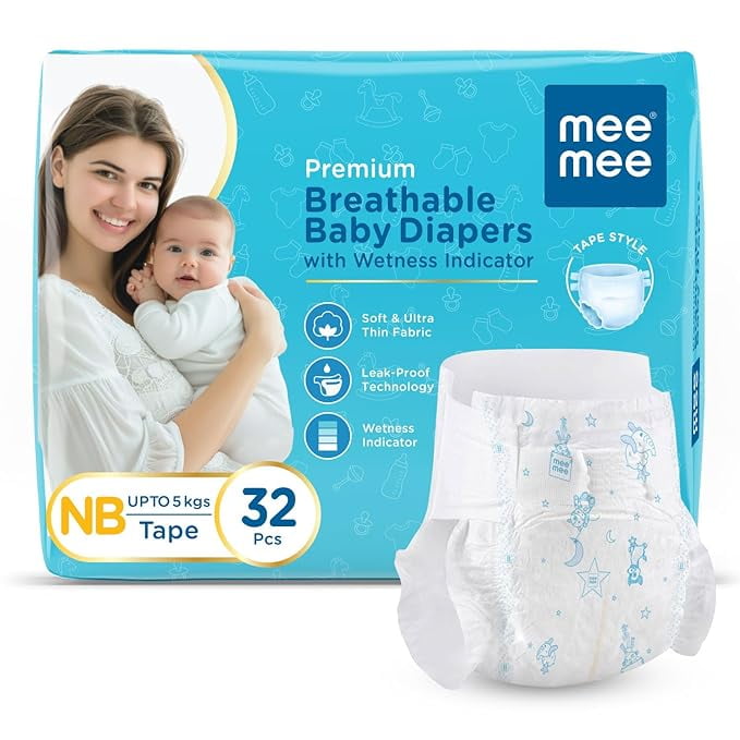 Mee Mee Premium Breathable Baby Diapers | (NB) Size Baby Taped Diapers | 32 PIECES