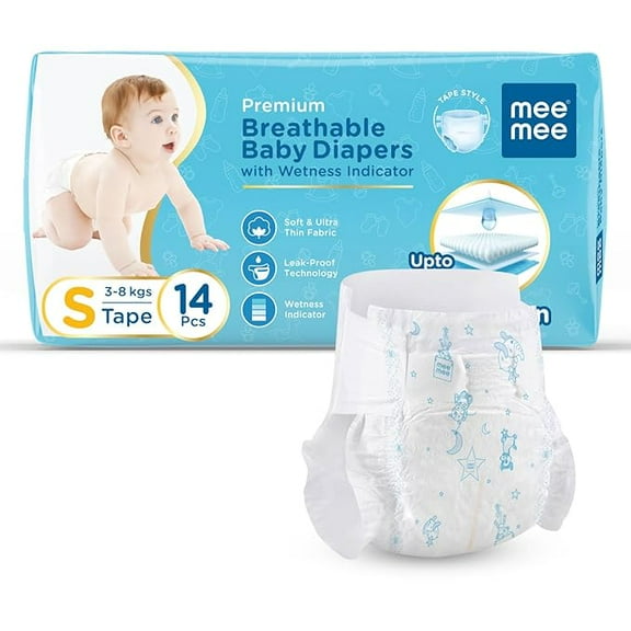 Mee Mee Premium Breathable Baby Diapers | Small Size Baby Taped Diapers | 14 PIECES