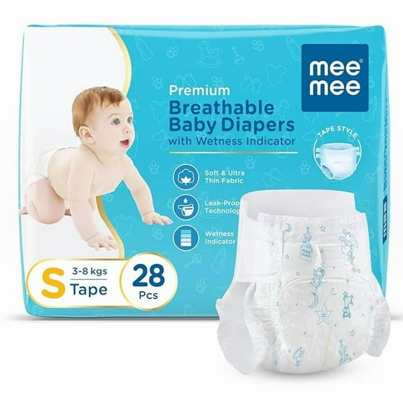 Mee Mee Premium Breathable Baby Diapers | Small Size Baby Taped Diapers | 28 PIECES | Skin Friendly, Super Absorbent